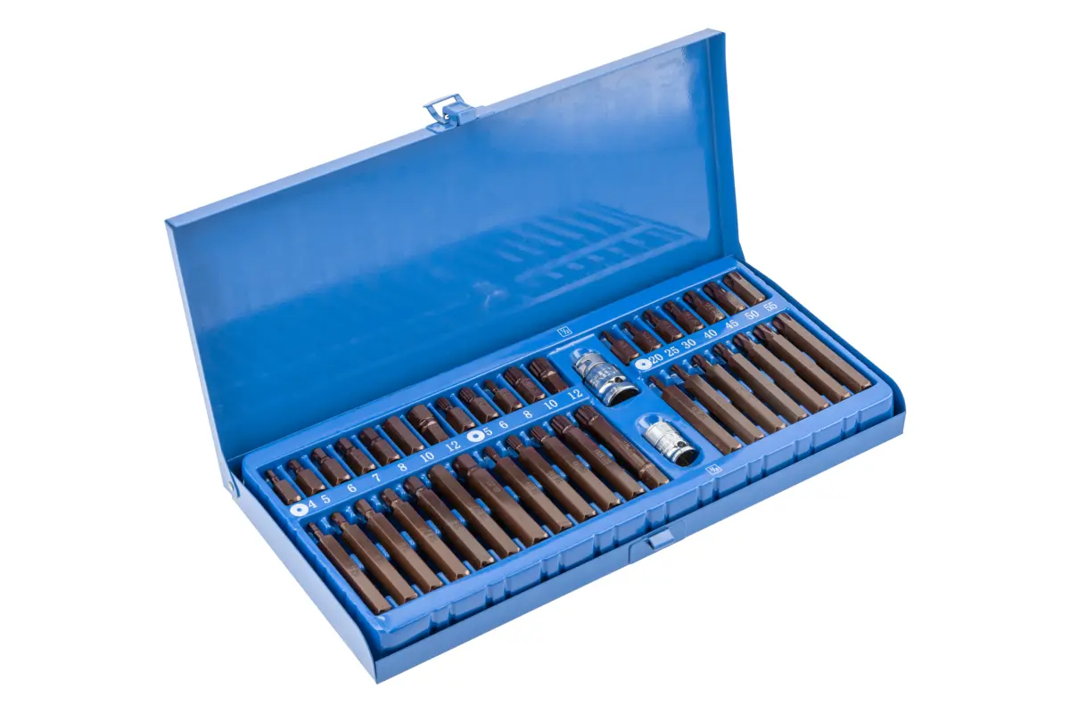 Set bit nastavaka s prihvatom za nasadne ključeve 3/8"/1/2", Torx, imbus, XZN profil, 40-dijelni, S2, u metalnoj kutiji