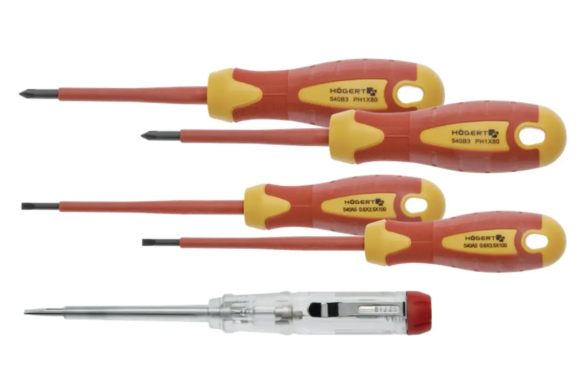 Set izoliranih odvijača s ispitivačem 5 dijelova, 1000 V, S2 , VDE, ravni 3.5x100 mm/ 5.5x125mm, PH1x80mm/ PH2x100mm
