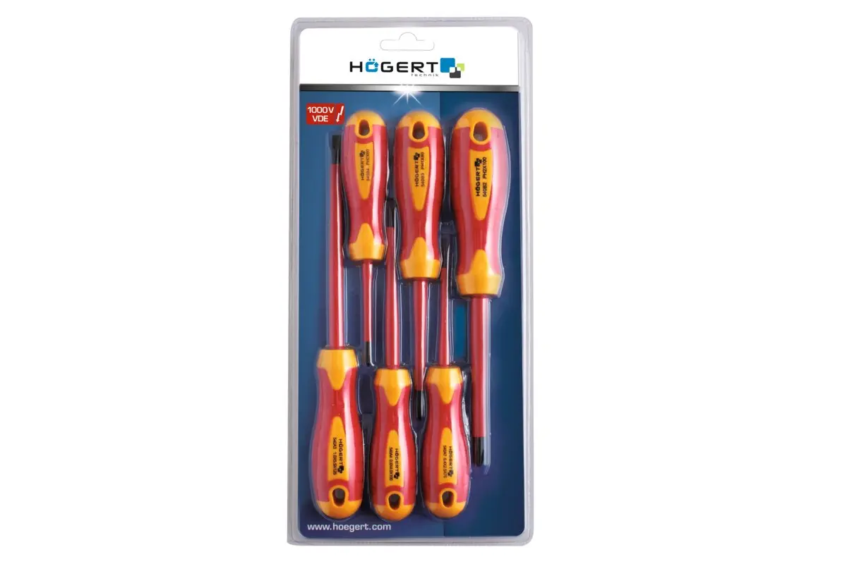Set 6 izoliranih odvijača, 1000 V,  S2 , VDE, Ravni 2.5x75mm/ 4x100mm/ 5.5x125mm/, PH0x60mm/ PH1x80mm/ PH2x100mm